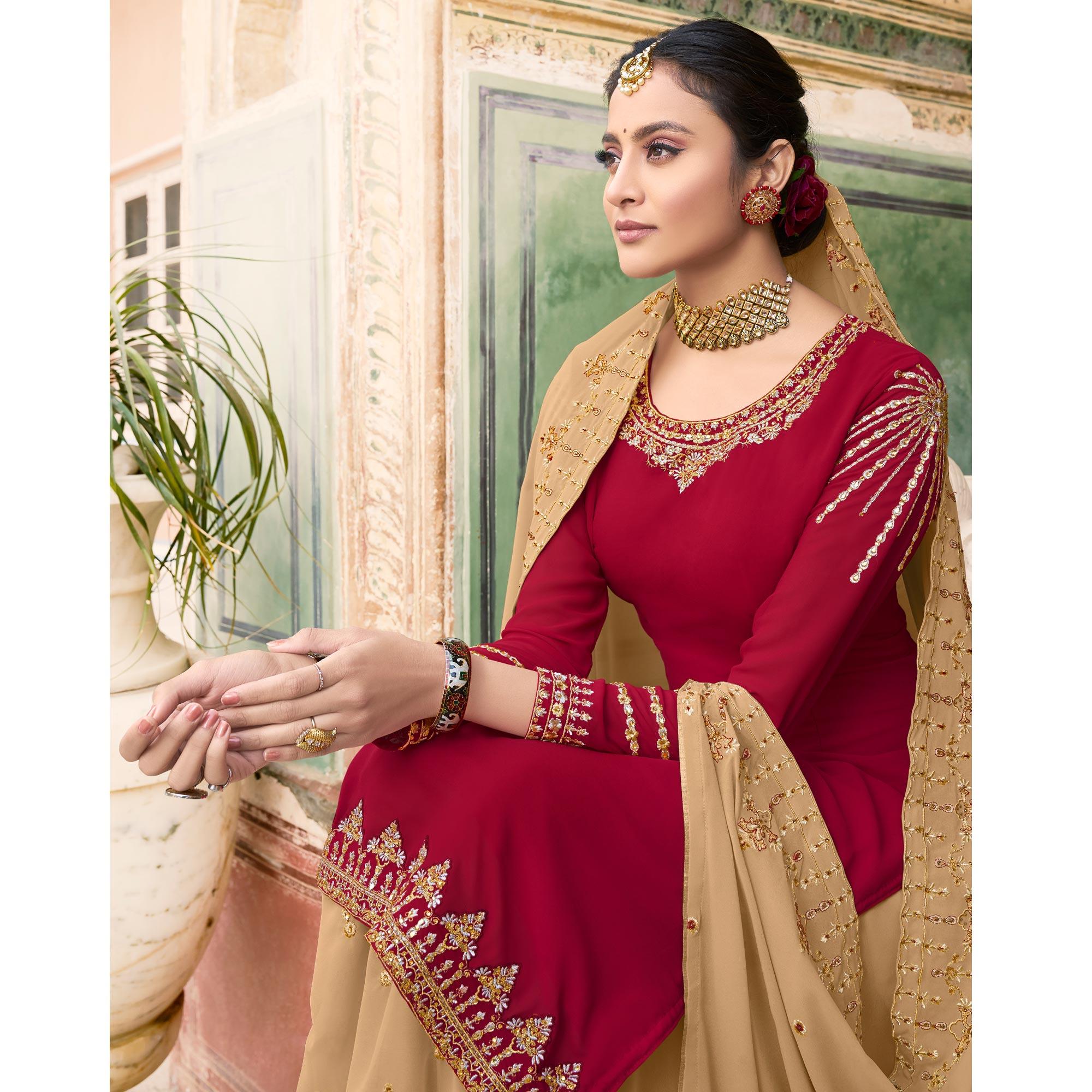 Red Party Wear Embroidery Soft Georgette Palazzo Suit - Peachmode