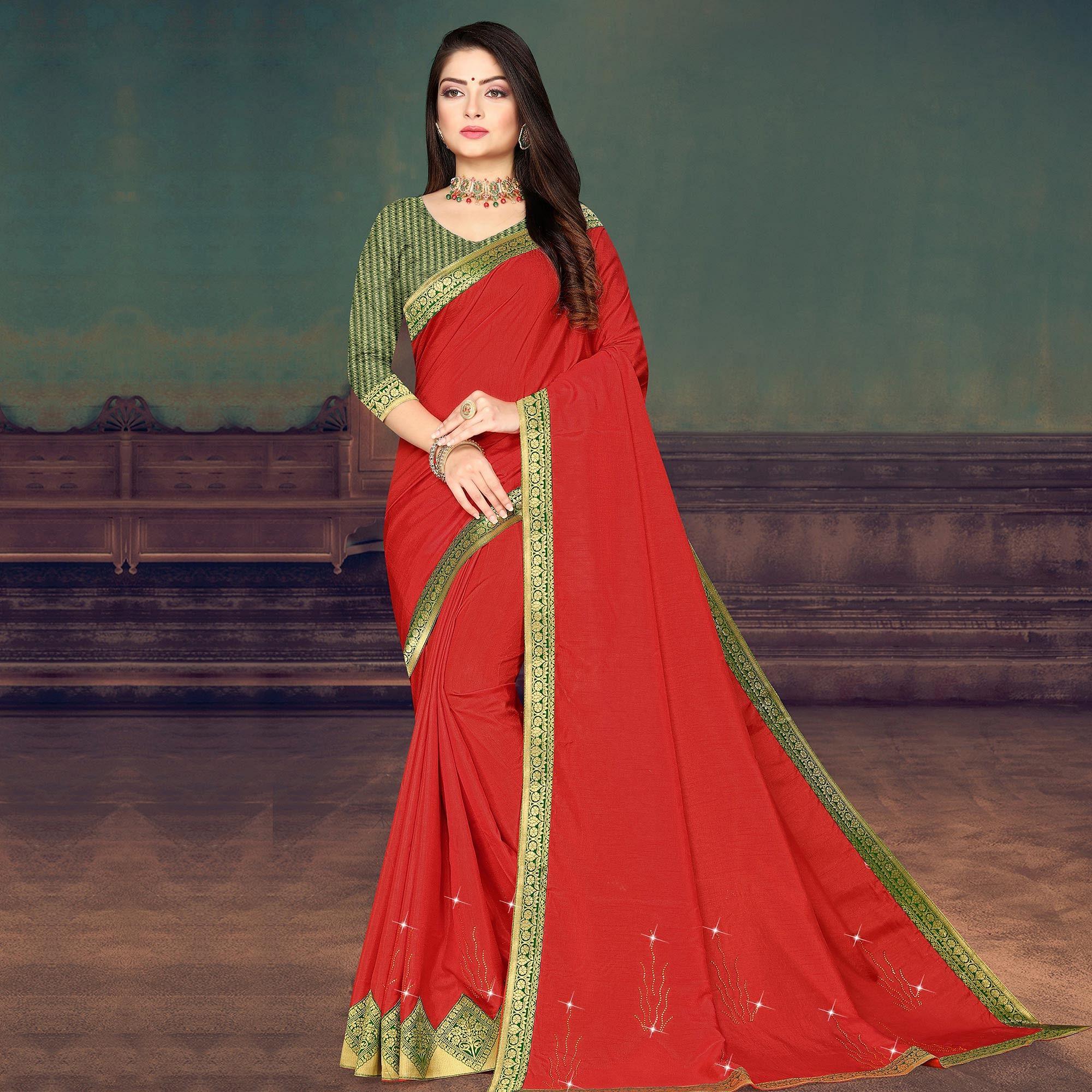 Red Party Wear Lace With Stone Work Silk Saree - Peachmode