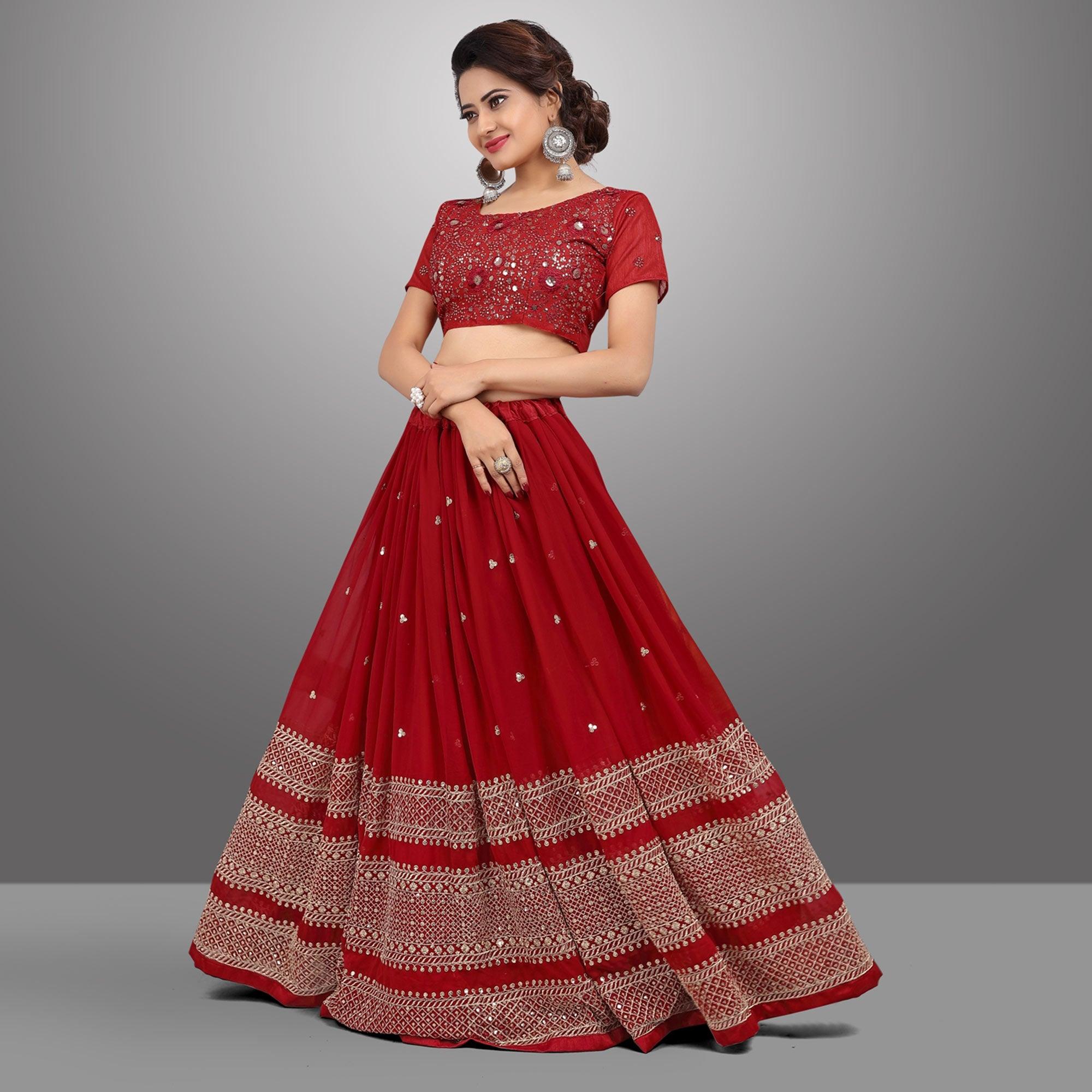 Red Party Wear Sequence Embroidered Georgette Lehenga Choli - Peachmode