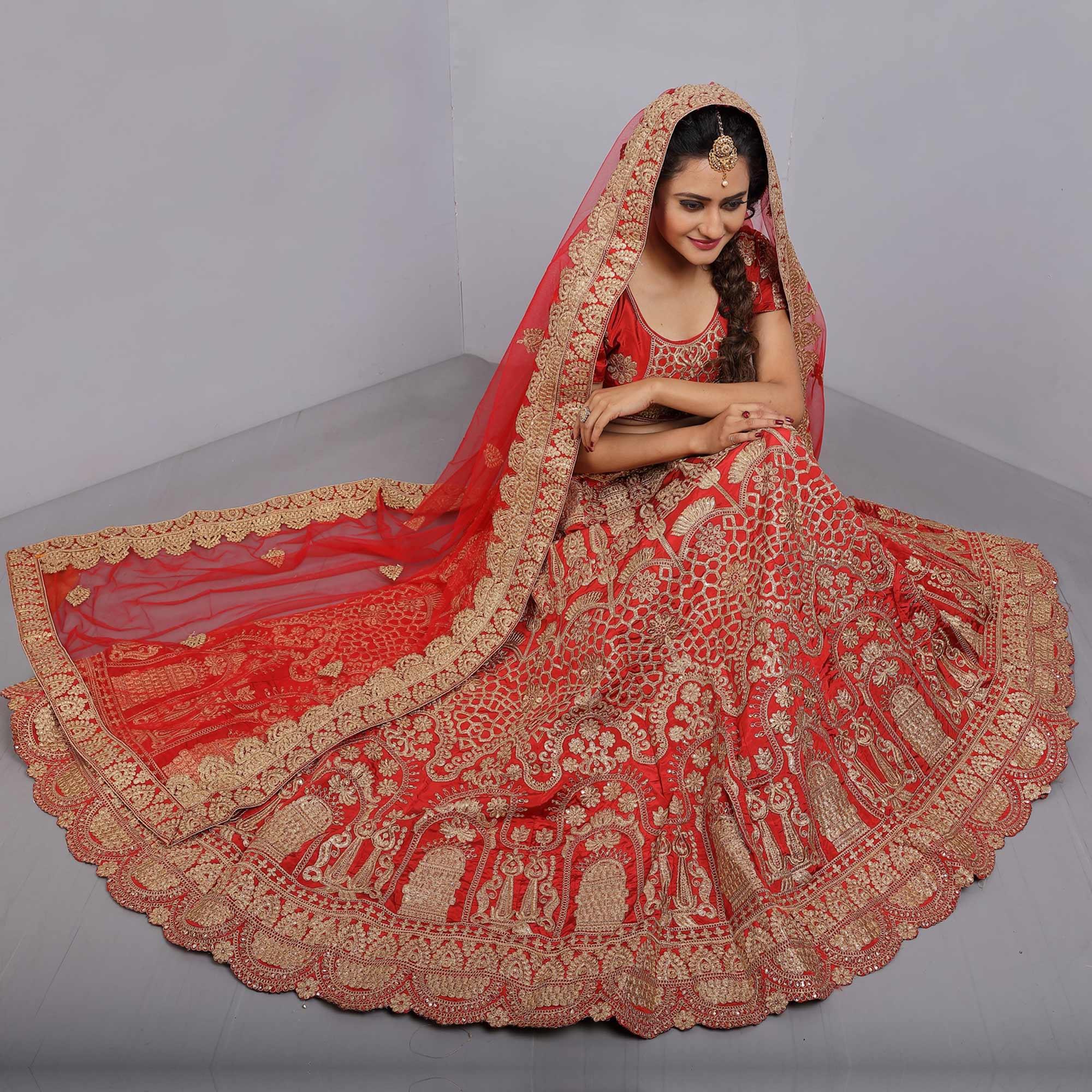 Red Party Wear Sequence Embroidered Tapetta Lehenga Choli - Peachmode