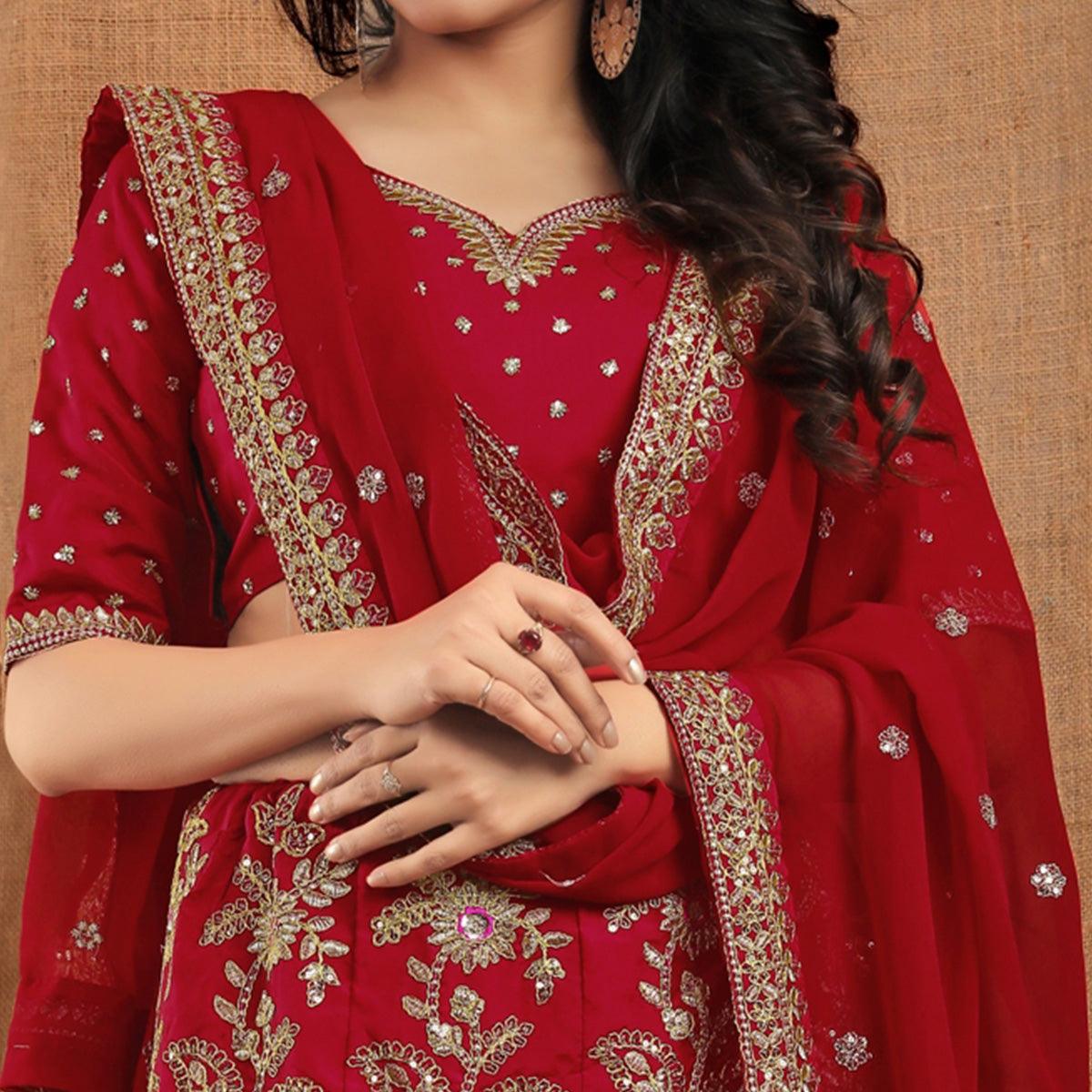 Red Party Wear Sequence Embroidered Tapetta Lehenga Choli - Peachmode