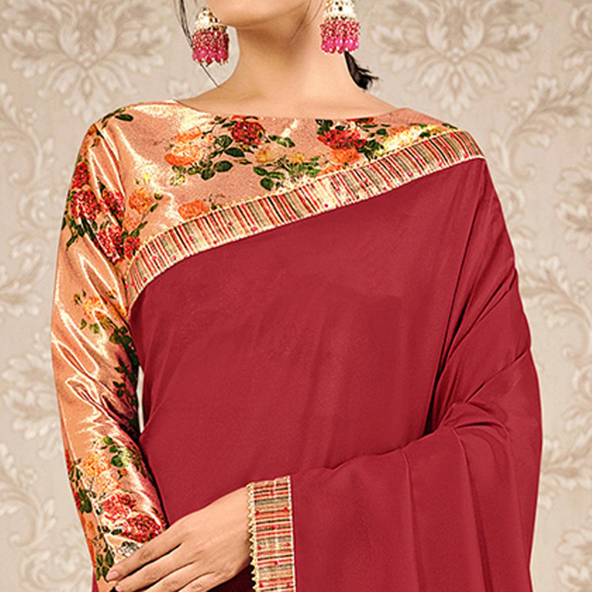 Red Partywear Appliqued With Floral Digital Printed Satin Saree - Peachmode