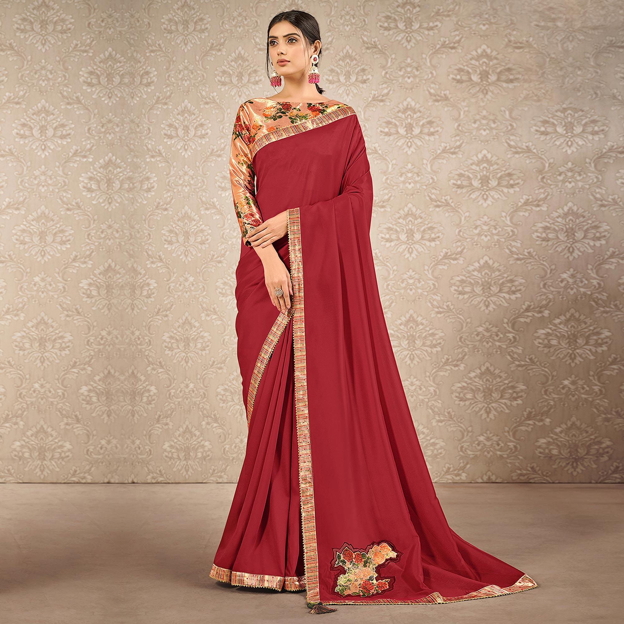Red Partywear Appliqued With Floral Digital Printed Satin Saree - Peachmode