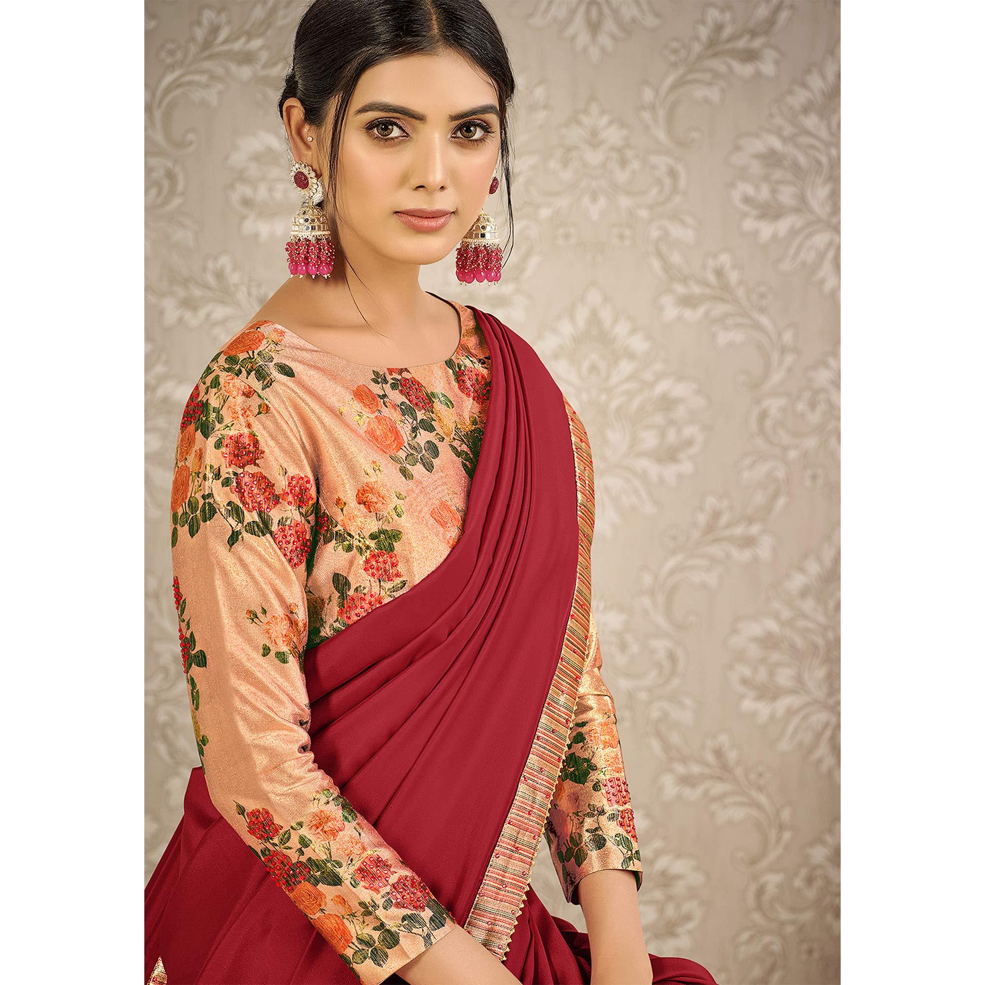 Red Partywear Appliqued With Floral Digital Printed Satin Saree - Peachmode