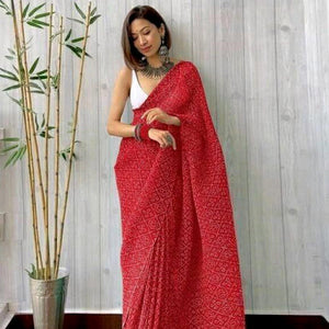Red Partywear Bandhani Printed Georgette Saree - Peachmode