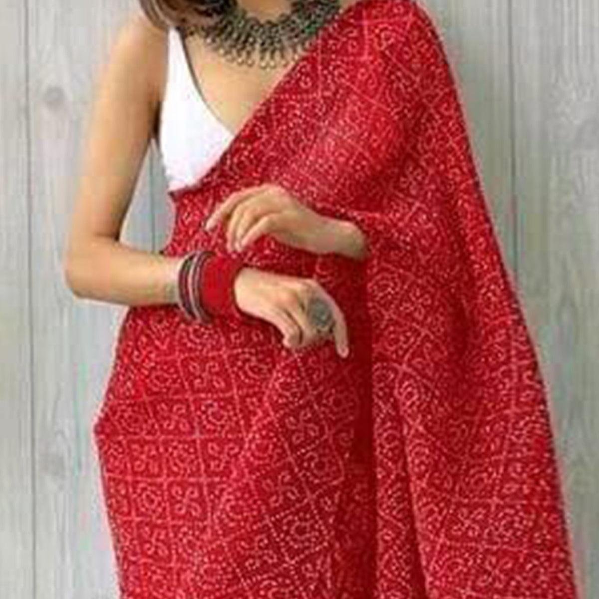 Red Partywear Bandhani Printed Georgette Saree - Peachmode