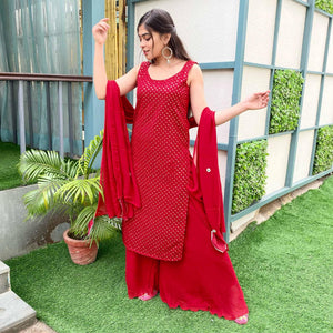 Red Partywear Designer Embroidered Georgette Palazzo Suit - Peachmode