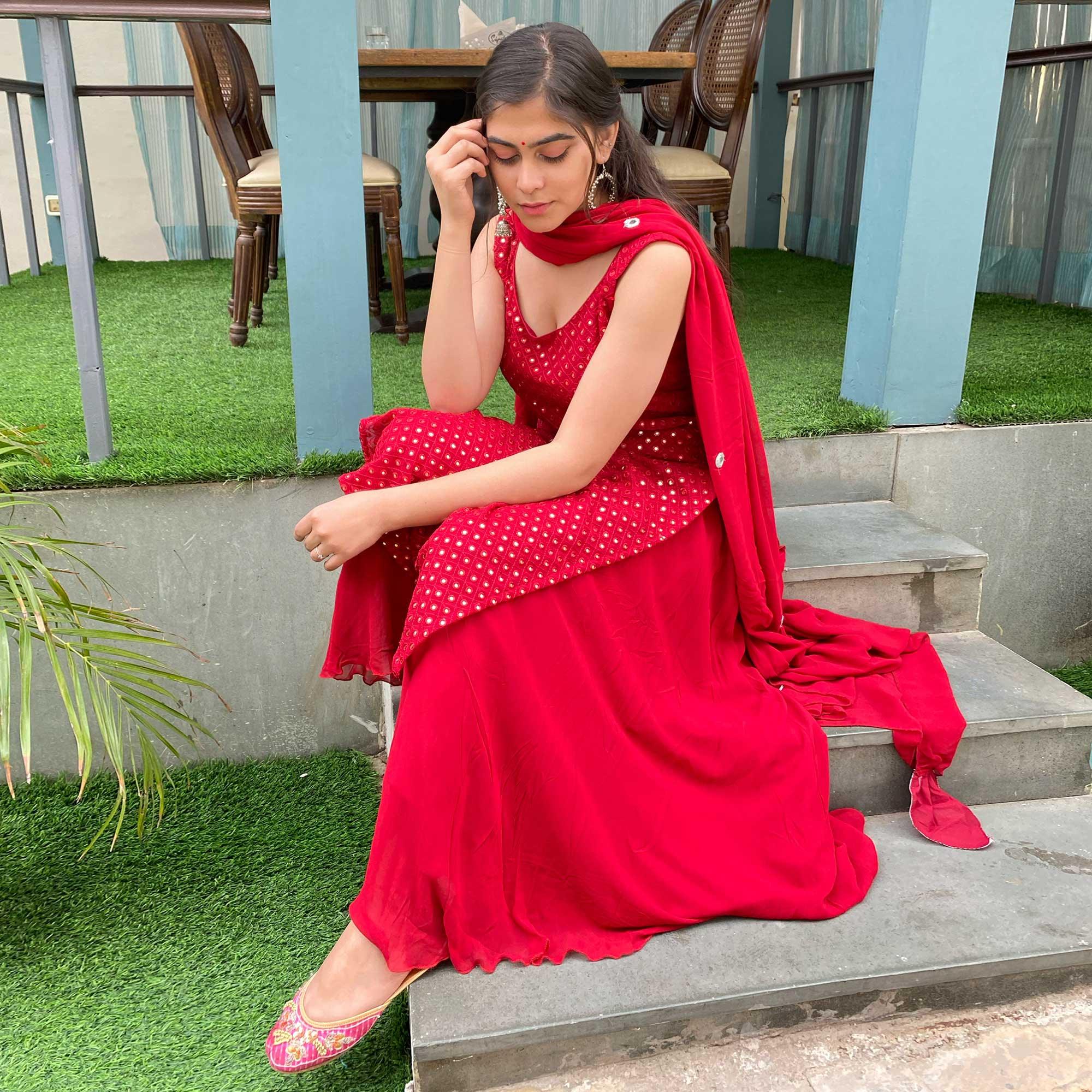Red Partywear Designer Embroidered Georgette Palazzo Suit - Peachmode