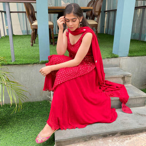 Red Partywear Designer Embroidered Georgette Palazzo Suit - Peachmode