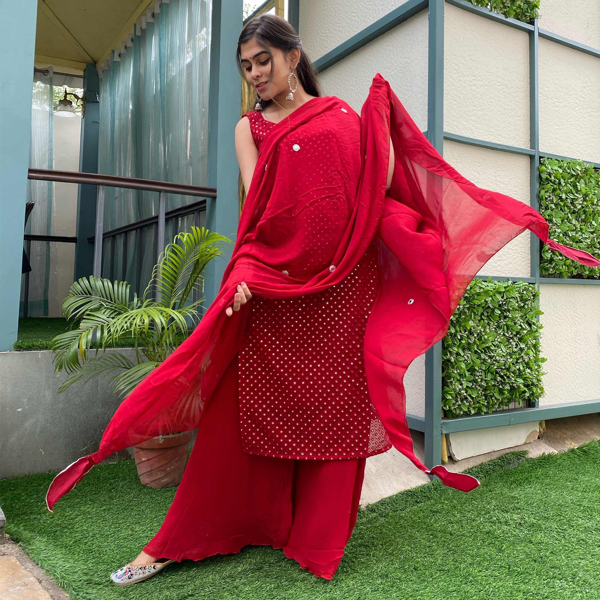 Red Partywear Designer Embroidered Georgette Palazzo Suit - Peachmode