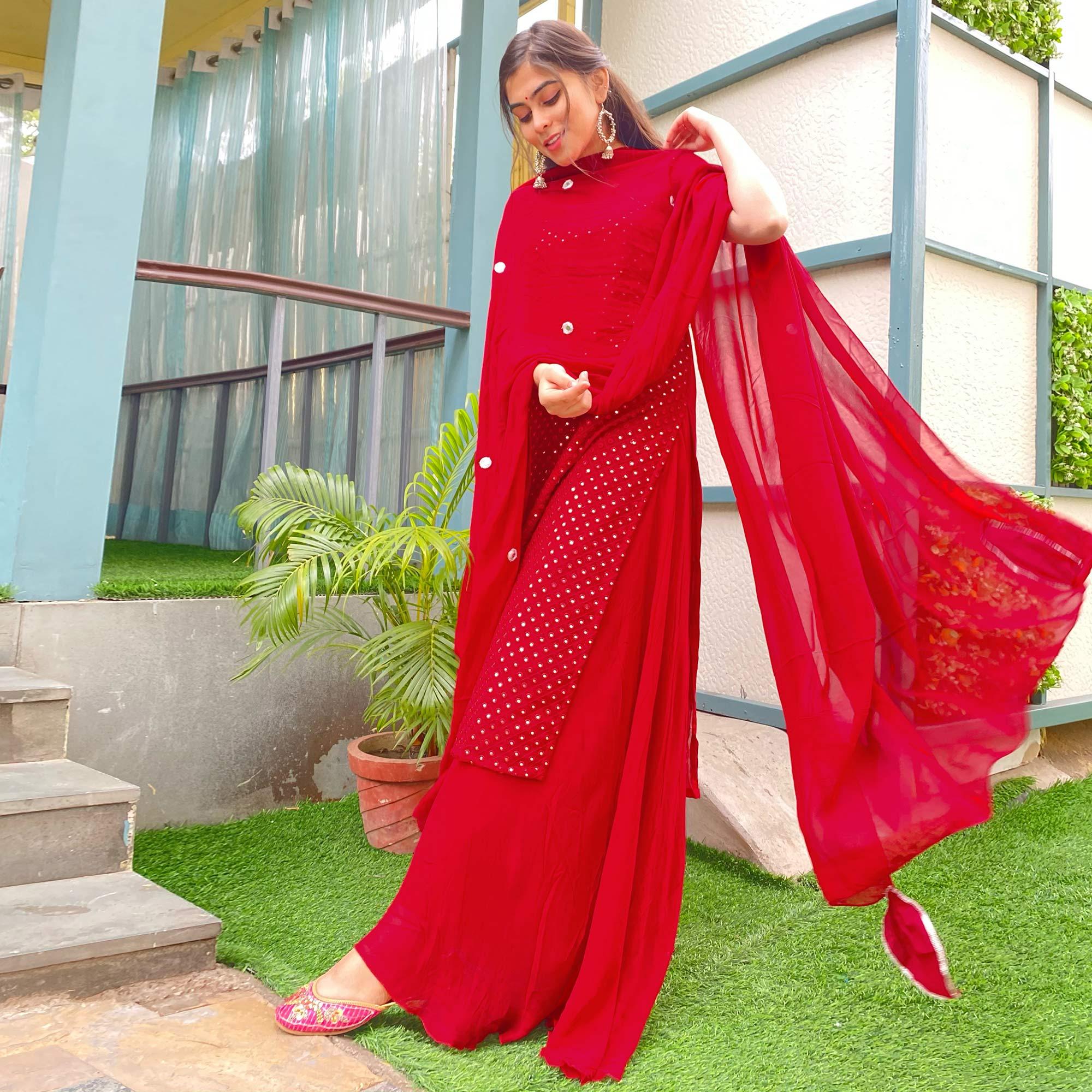 Red Partywear Designer Embroidered Georgette Palazzo Suit - Peachmode