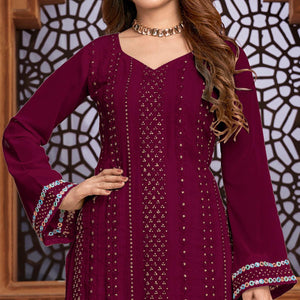 Red Partywear Designer Embroidered Heavy Faux Georgette Palazzo Suit - Peachmode