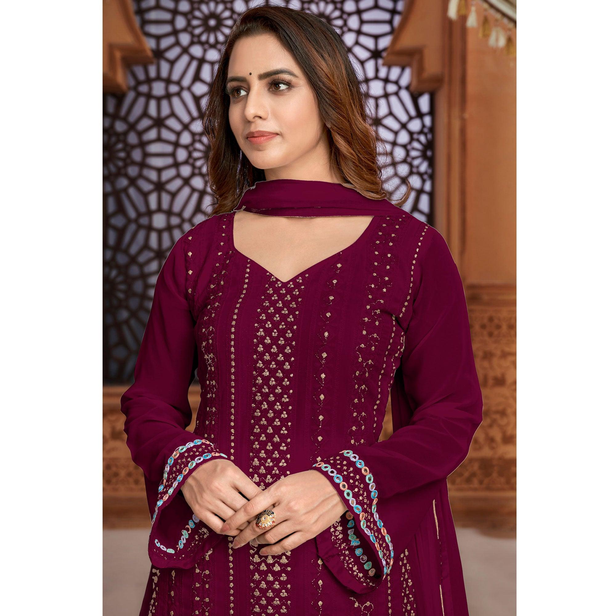 Red Partywear Designer Embroidered Heavy Faux Georgette Palazzo Suit - Peachmode