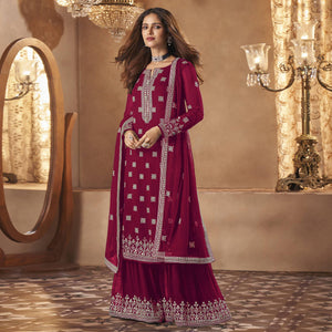 Red Partywear Designer Floral Embroidered Georgette Palazzo Suit - Peachmode