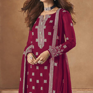 Red Partywear Designer Floral Embroidered Georgette Palazzo Suit - Peachmode