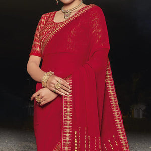 Red Partywear Embellished Chiffon Saree - Peachmode