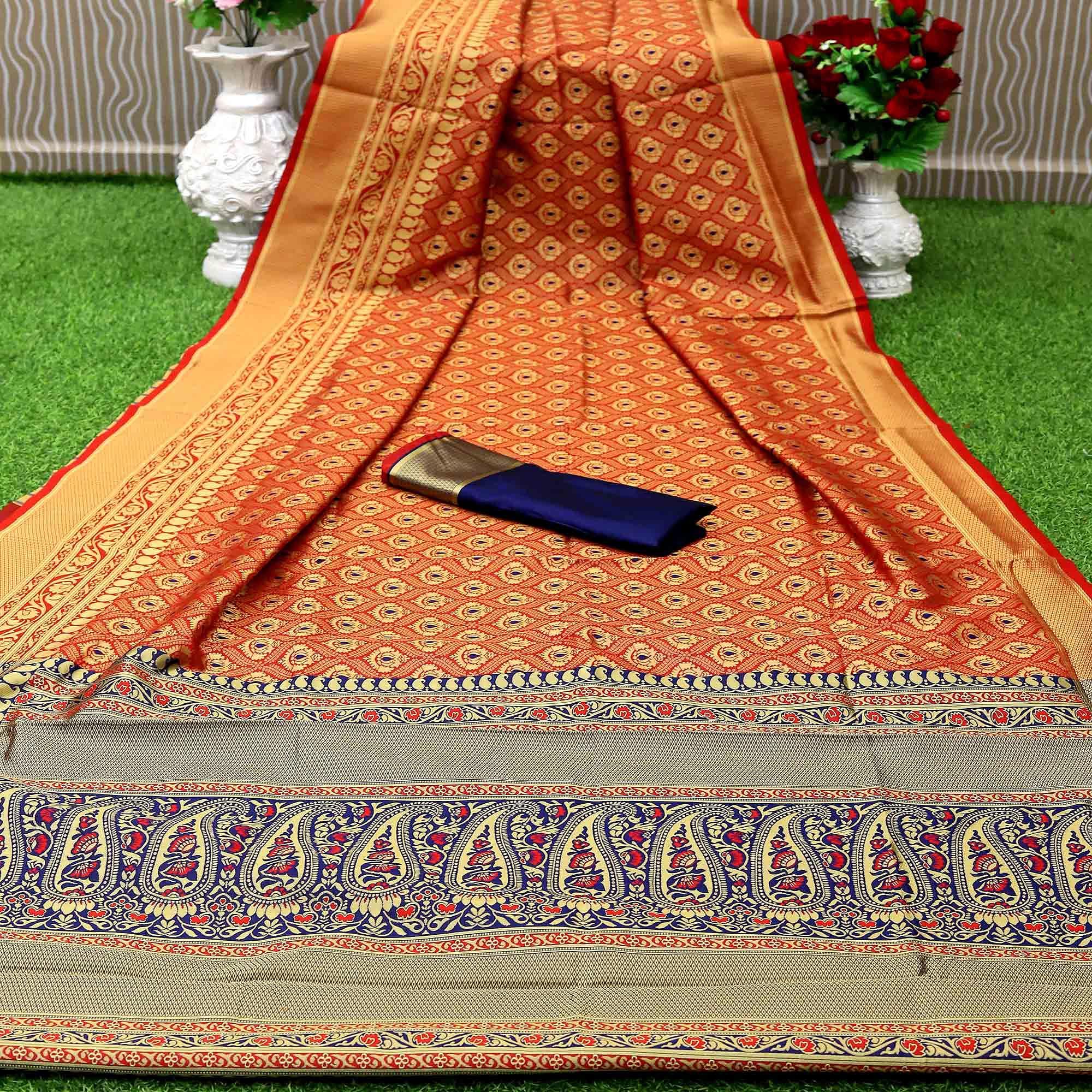 Red Partywear Embroidered Banarasi Art Silk Saree - Peachmode