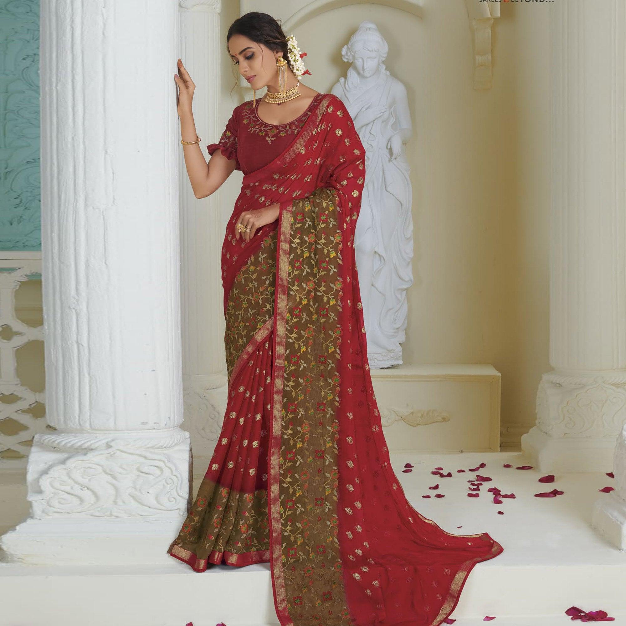 Red Partywear Embroidered Chiffon Saree - Peachmode