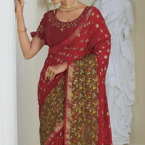 Red Partywear Embroidered Chiffon Saree - Peachmode