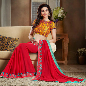 Red Partywear Embroidered Georgette Saree - Peachmode