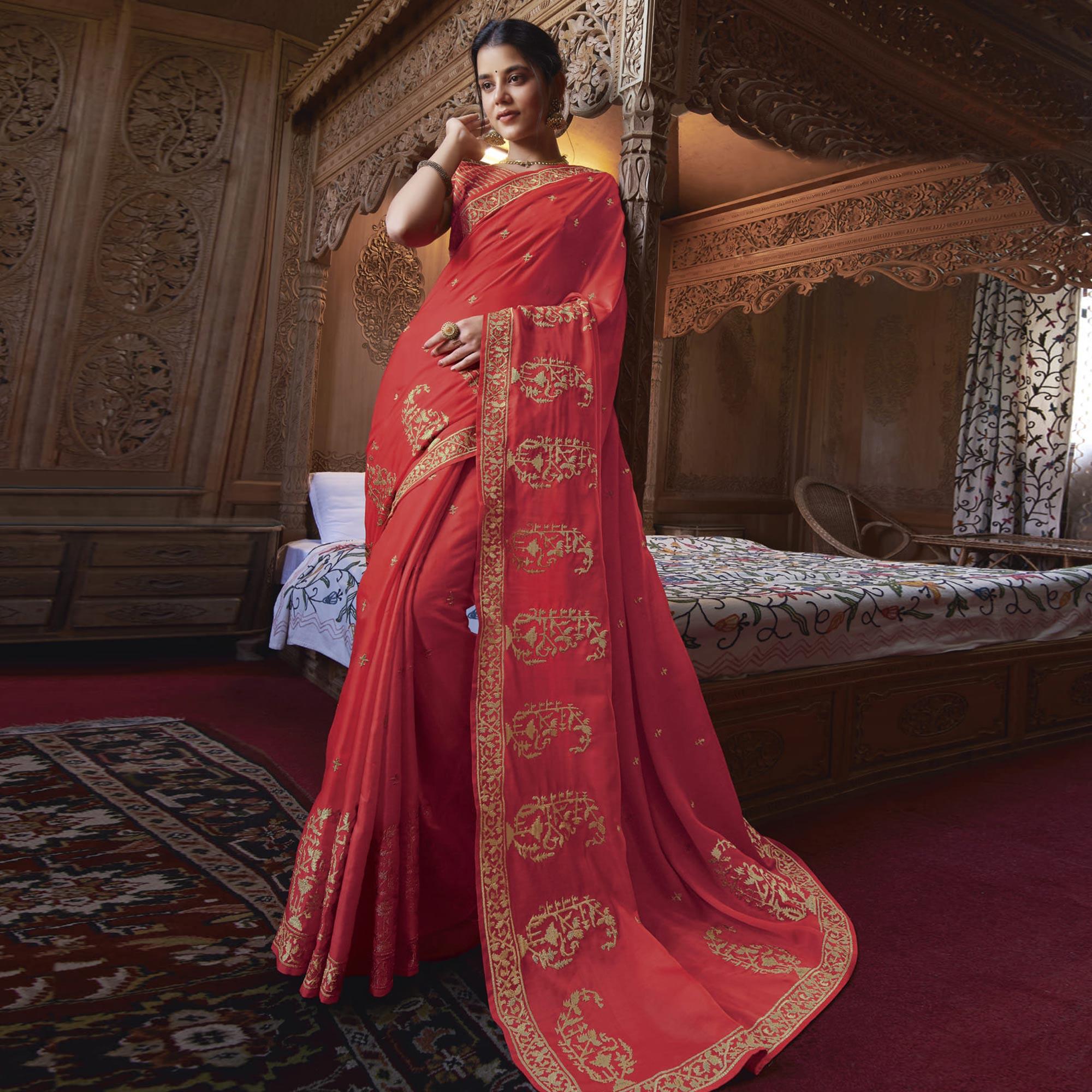 Red Partywear Embroidered Silk Saree - Peachmode