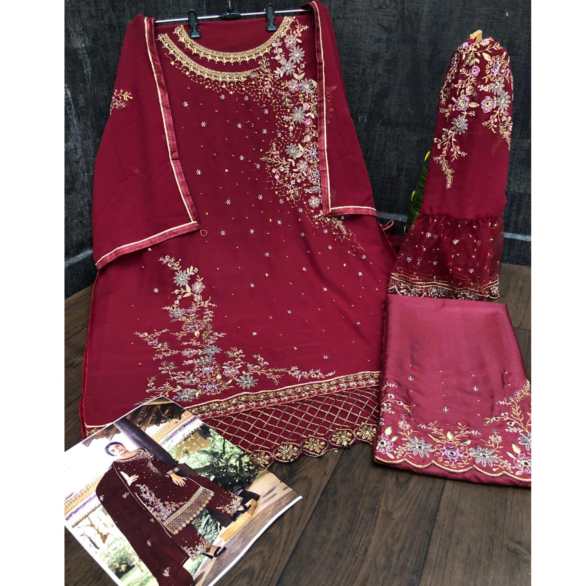 Red Partywear Embroidered Straight Cut Heavy Faux Georgette Palazzo Suit - Peachmode