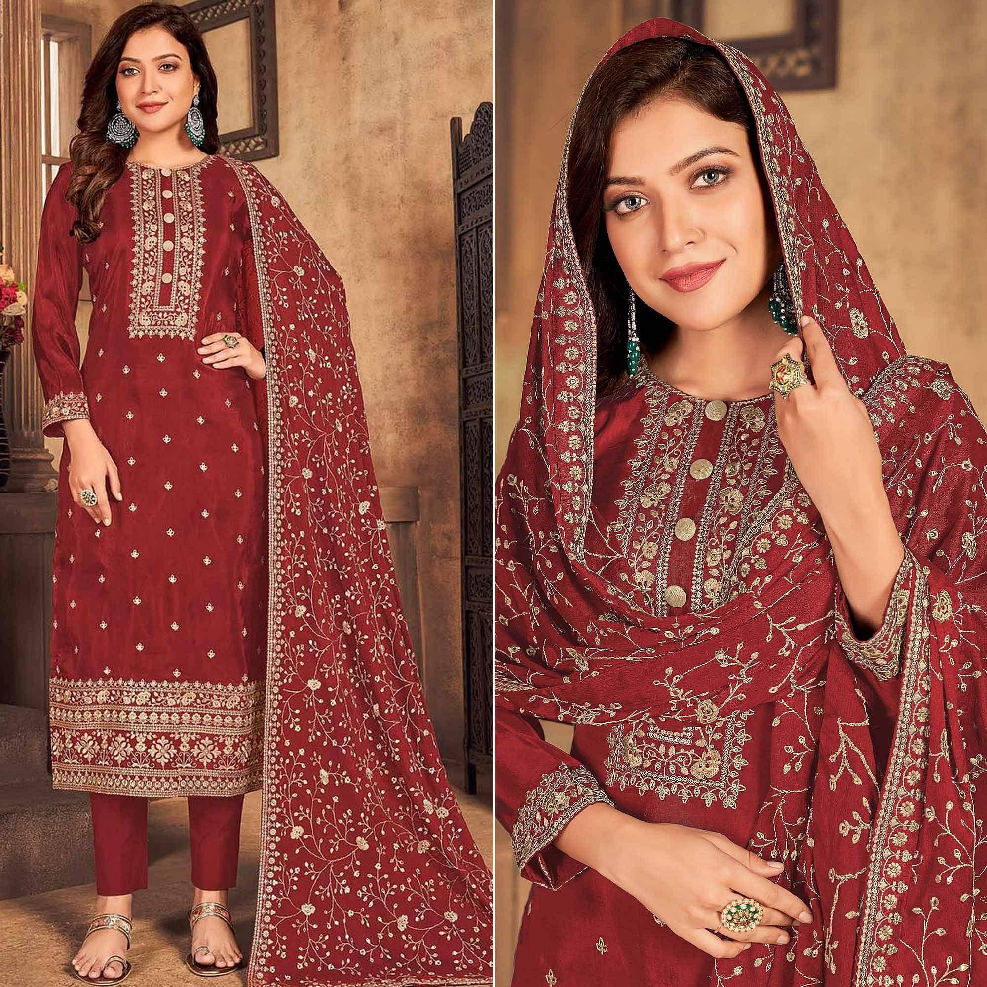 Red Partywear  Embroidered Viscose Upada Salwar Suit - Peachmode