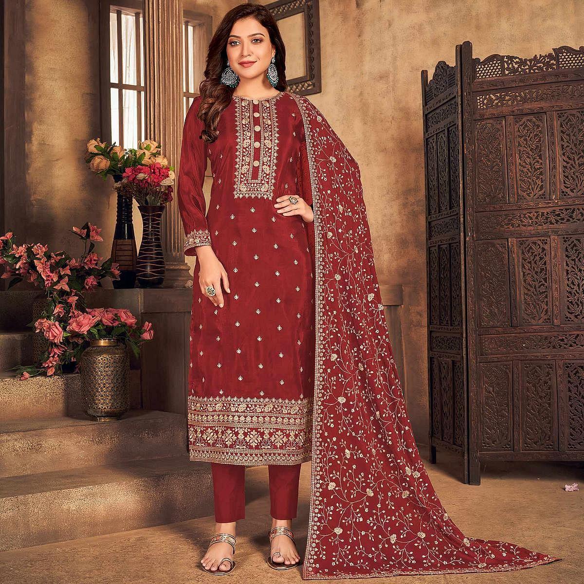 Red Partywear  Embroidered Viscose Upada Salwar Suit - Peachmode