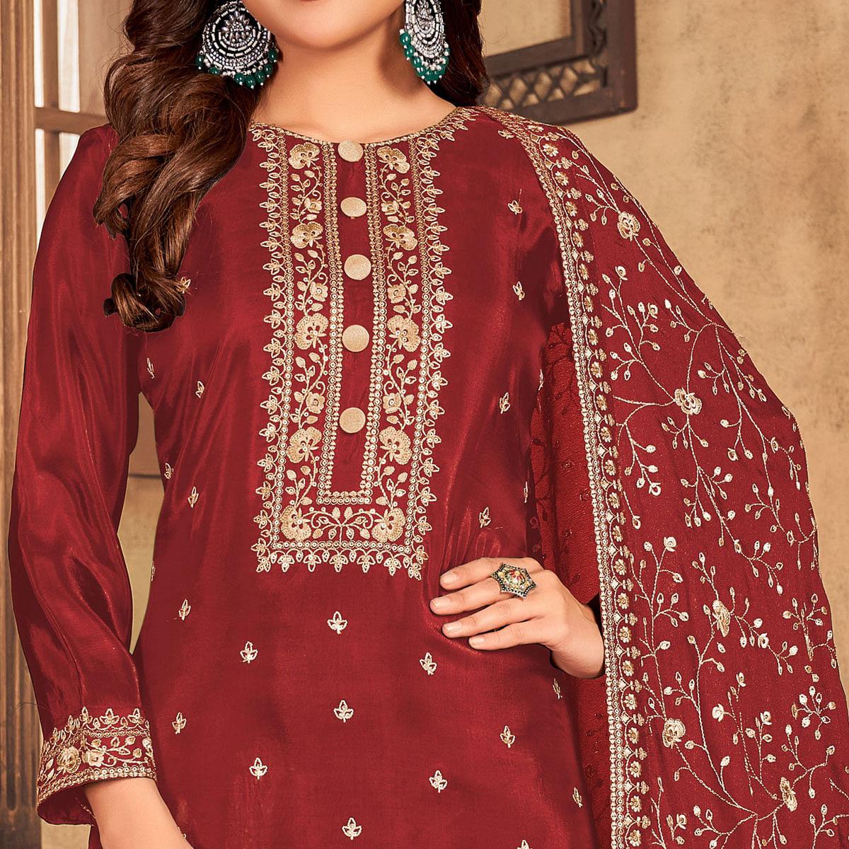 Red Partywear  Embroidered Viscose Upada Salwar Suit - Peachmode