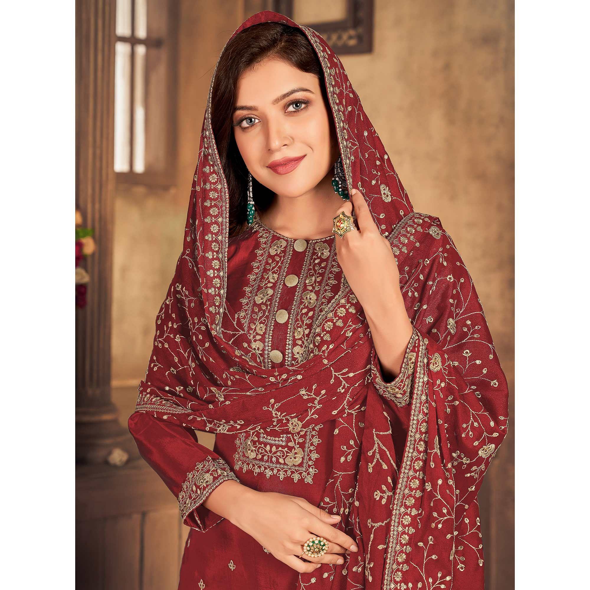 Red Partywear  Embroidered Viscose Upada Salwar Suit - Peachmode