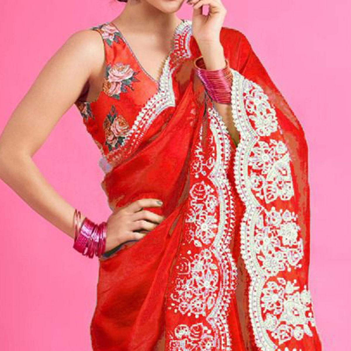 Red Partywear Floral Embroidered Organza Saree - Peachmode