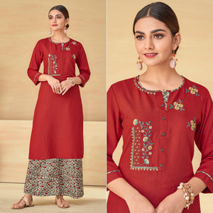 Red Partywear Floral Embroidered Rayon Kurti Palazzo Set - Peachmode