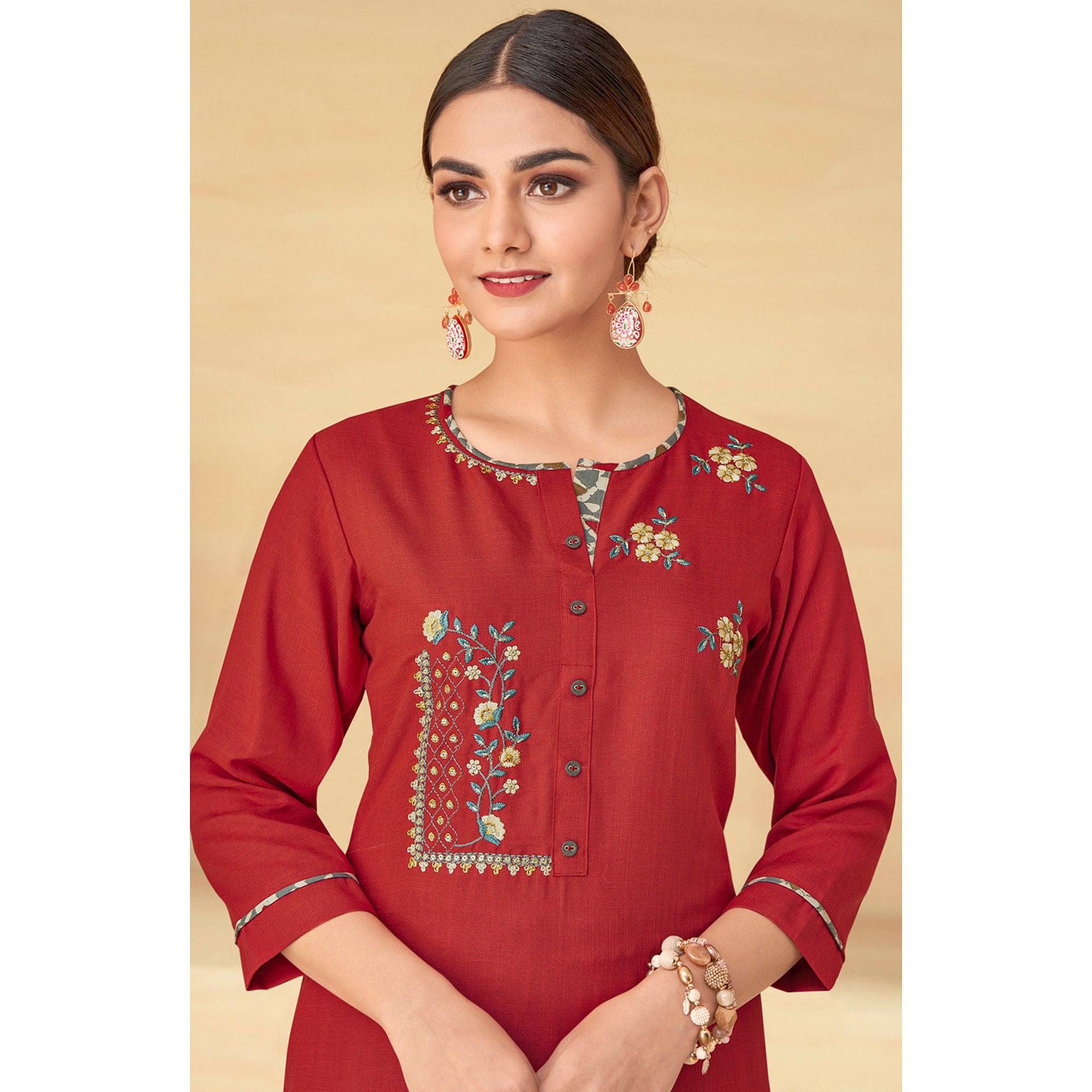 Red Partywear Floral Embroidered Rayon Kurti Palazzo Set - Peachmode
