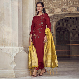 Red Partywear Floral Embroidered Silk Suit - Peachmode