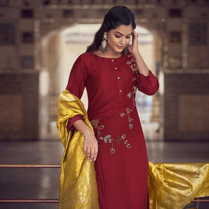 Red Partywear Floral Embroidered Silk Suit - Peachmode