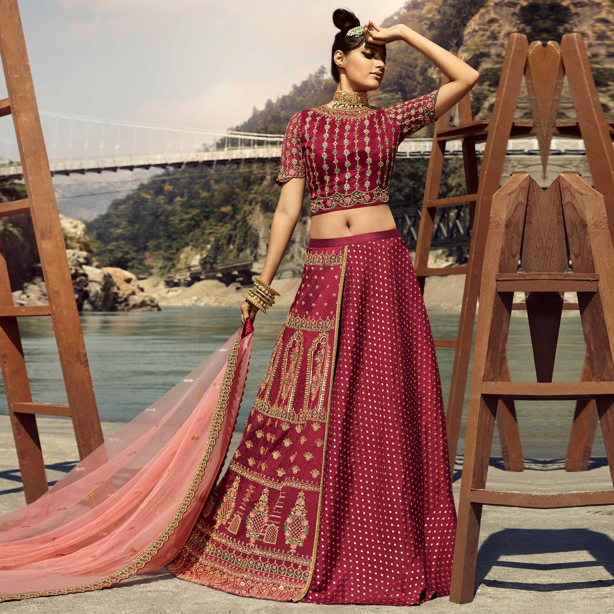 Red Partywear Floral Heavy Embroidered Pure Silk Lehenga Choli - Peachmode