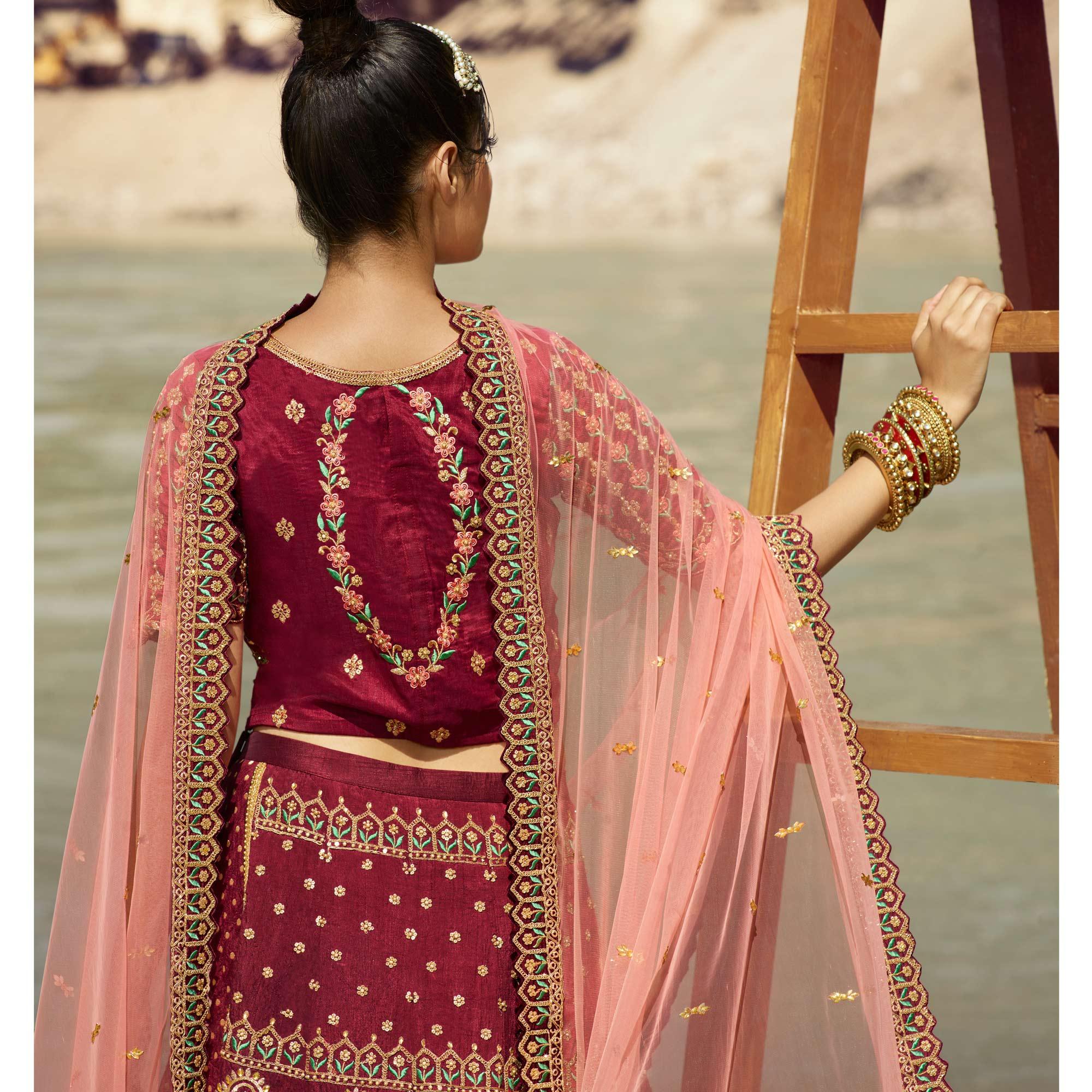 Red Partywear Floral Heavy Embroidered Pure Silk Lehenga Choli - Peachmode