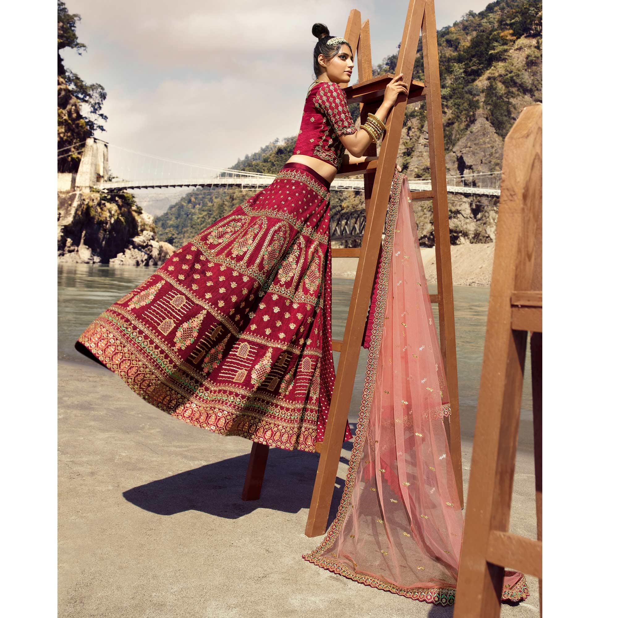 Red Partywear Floral Heavy Embroidered Pure Silk Lehenga Choli - Peachmode