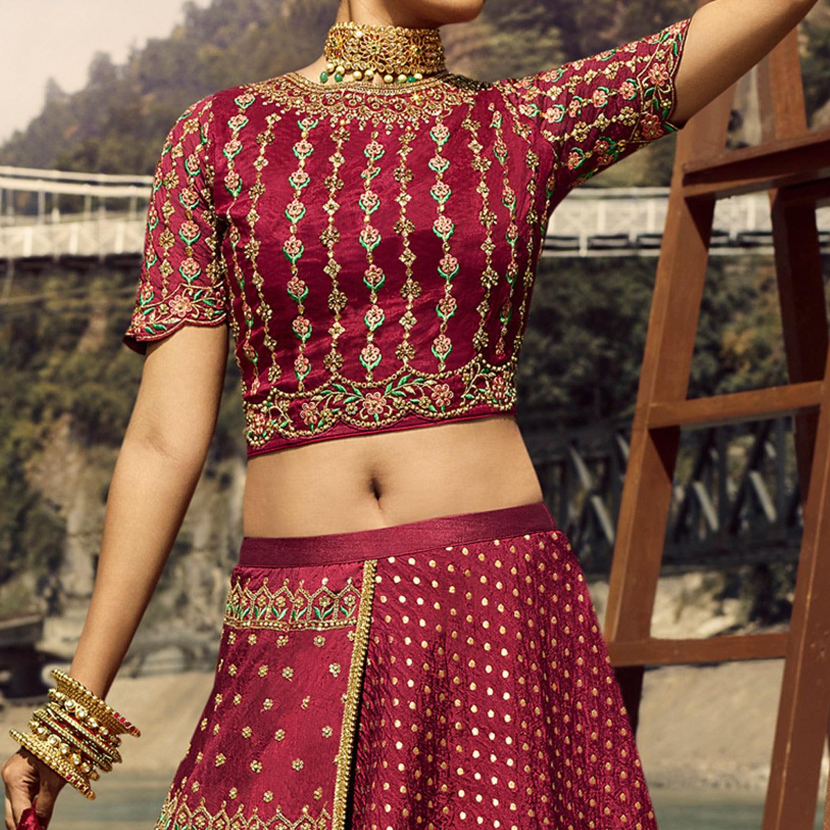Red Partywear Floral Heavy Embroidered Pure Silk Lehenga Choli - Peachmode