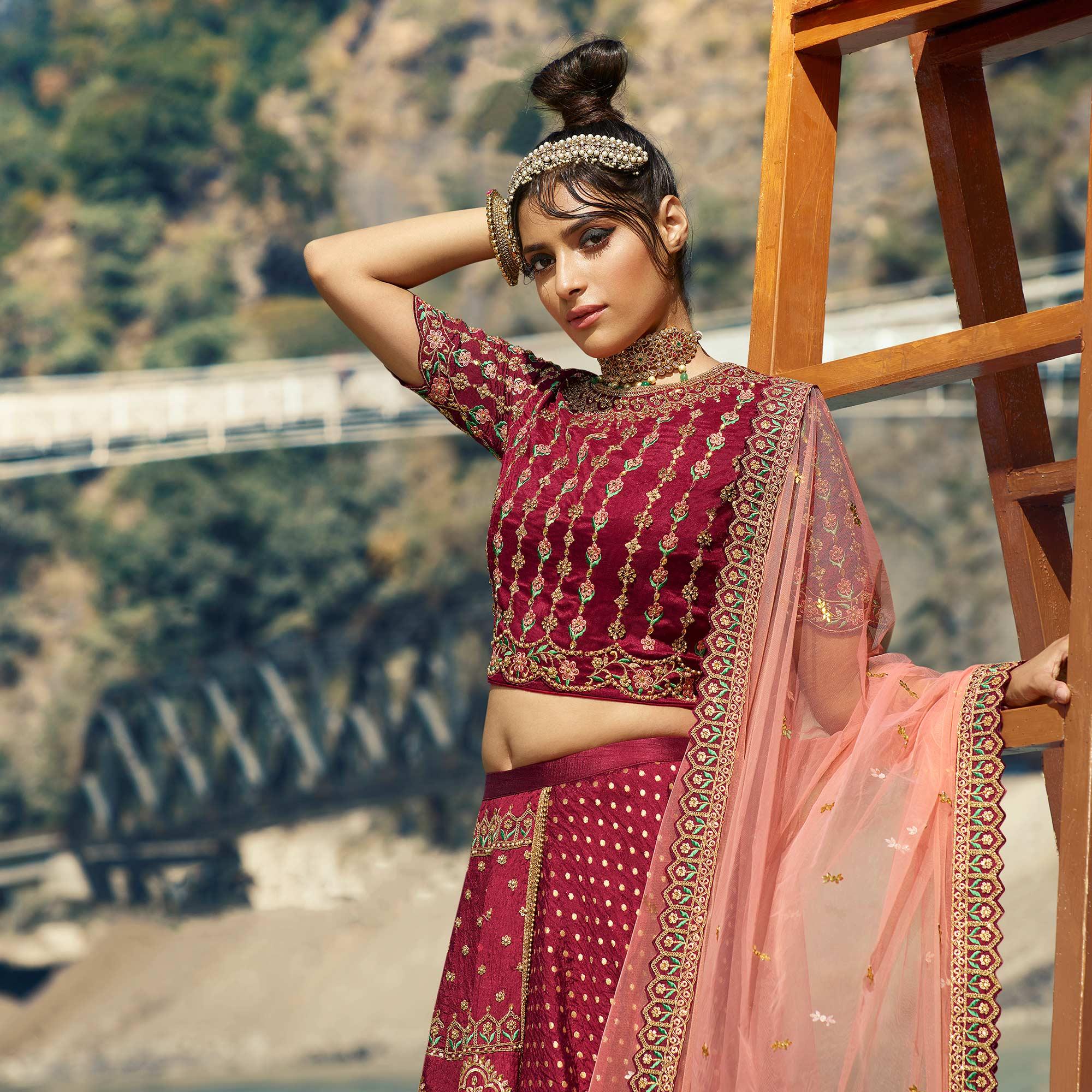 Red Partywear Floral Heavy Embroidered Pure Silk Lehenga Choli - Peachmode