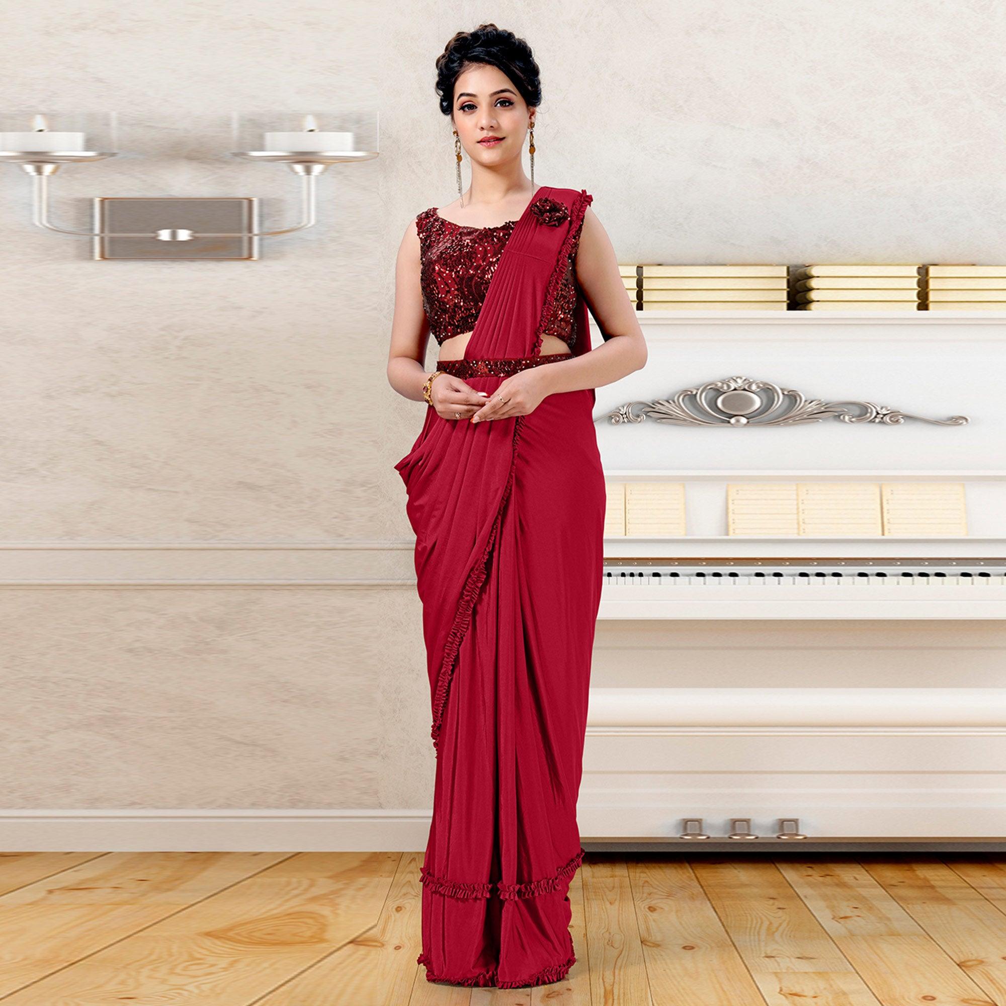 Red Partywear Frill & Sequence Art Silk Saree - Peachmode