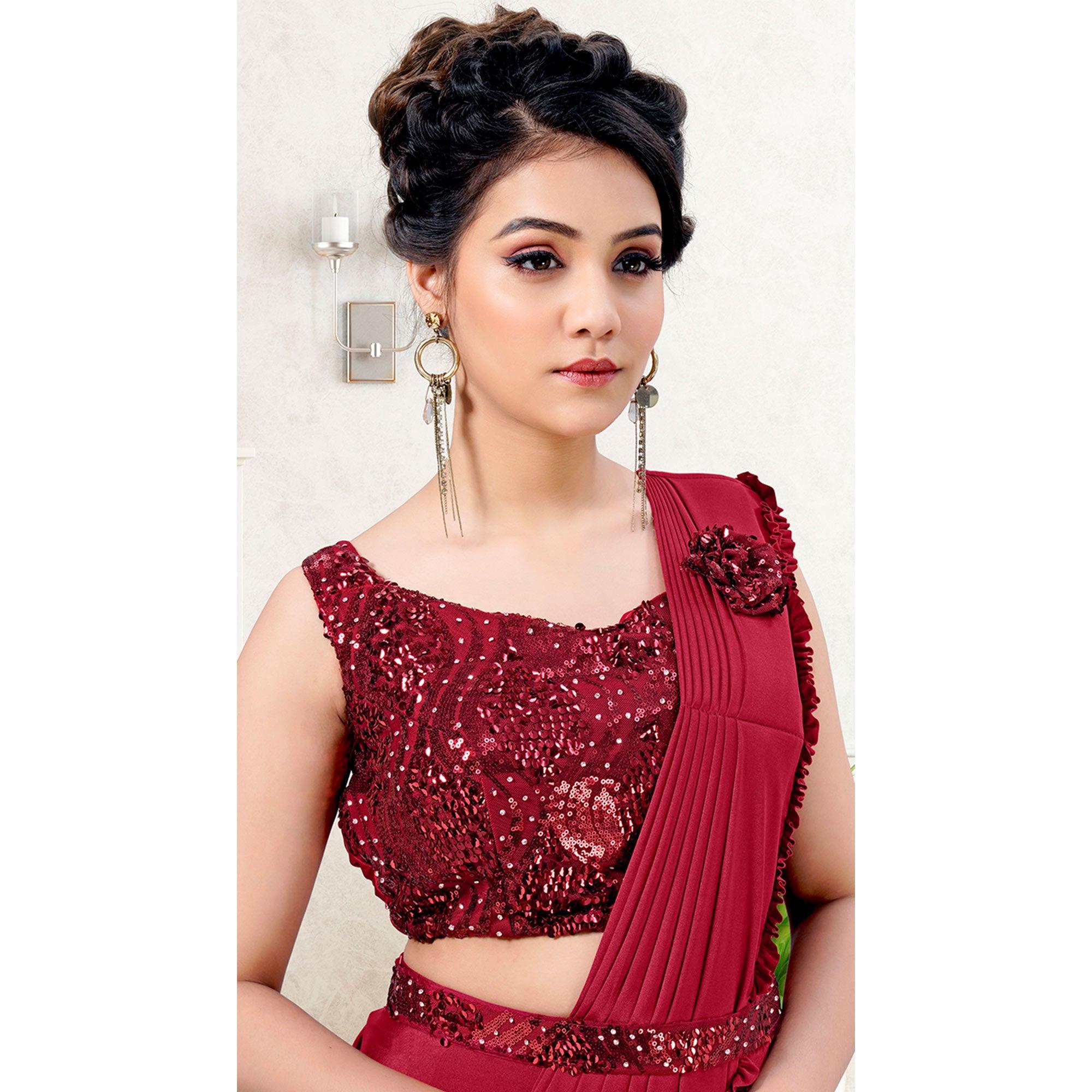 Red Partywear Frill & Sequence Art Silk Saree - Peachmode