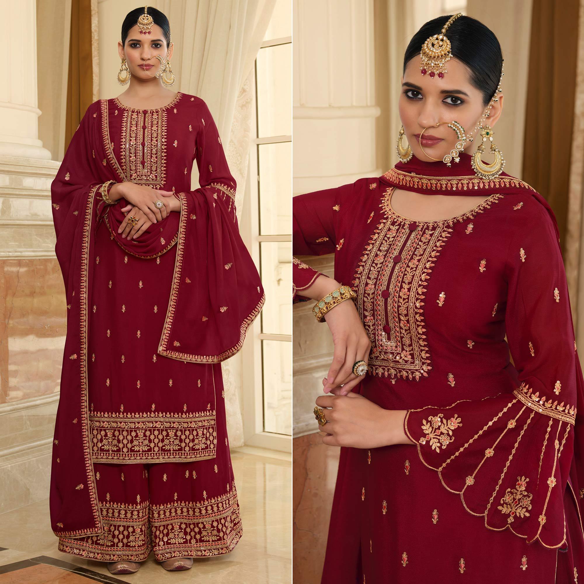Red Partywear Heavy Embroidered & Sequence Chiffon Palazzo Suit - Peachmode