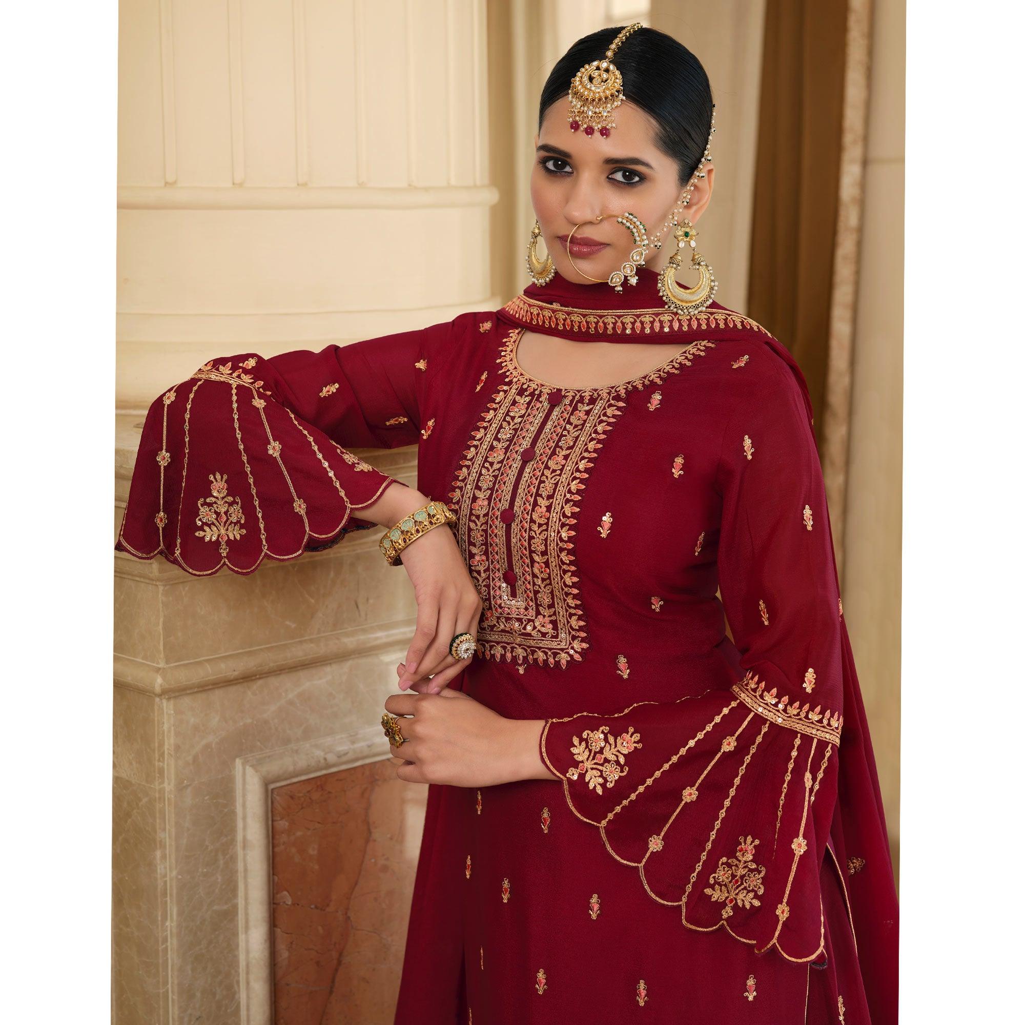 Red Partywear Heavy Embroidered & Sequence Chiffon Palazzo Suit - Peachmode