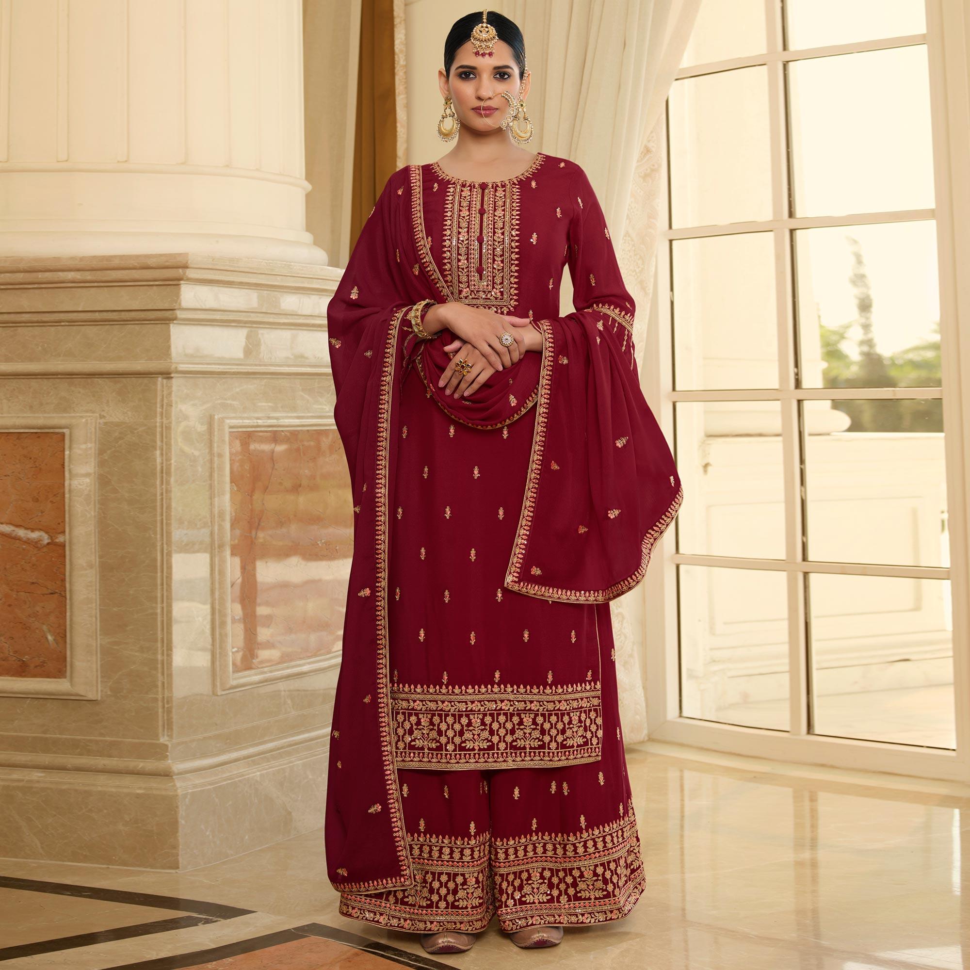 Red Partywear Heavy Embroidered & Sequence Chiffon Palazzo Suit - Peachmode