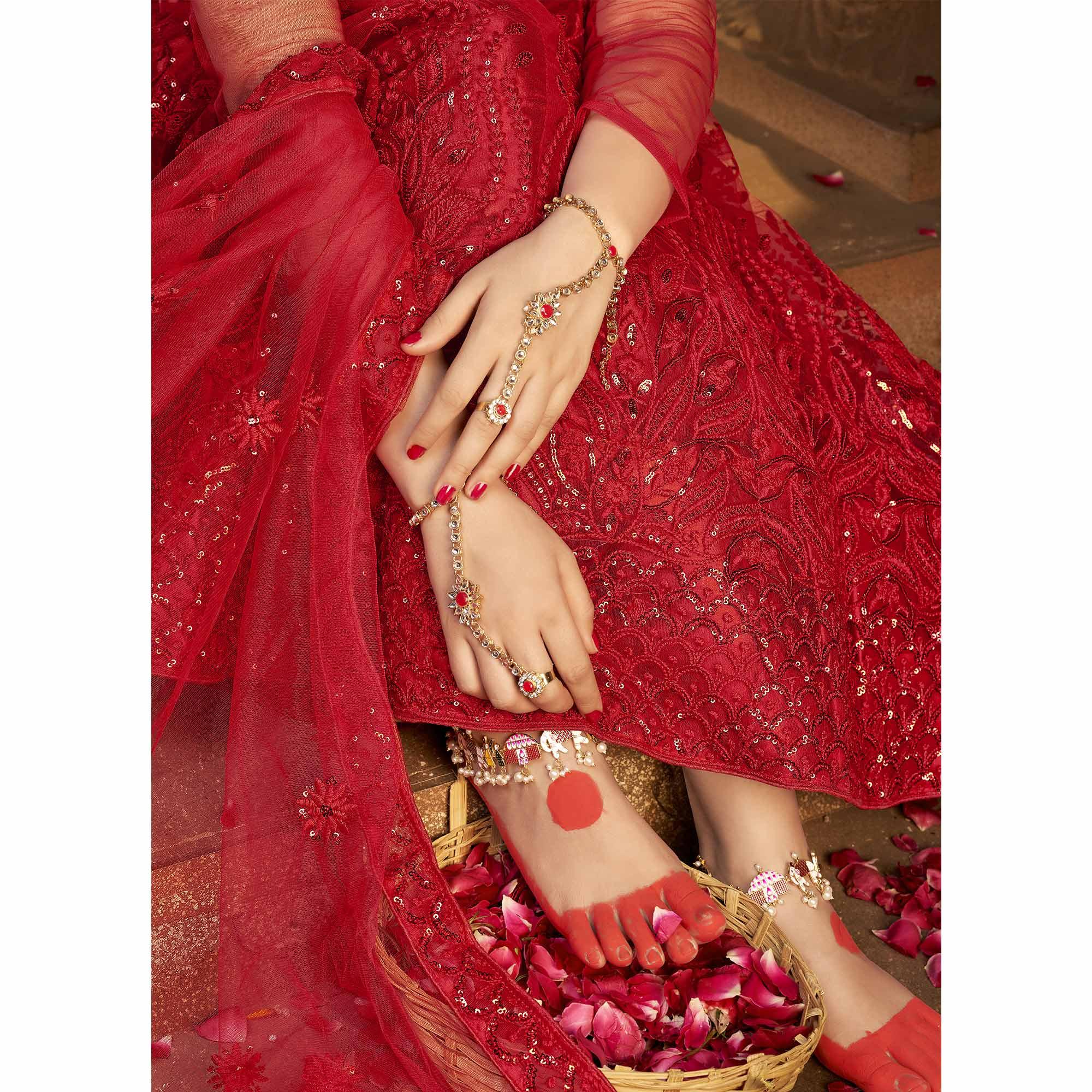 Red Partywear Multi Sequence Embroidered Net Lehenga Choli - Peachmode