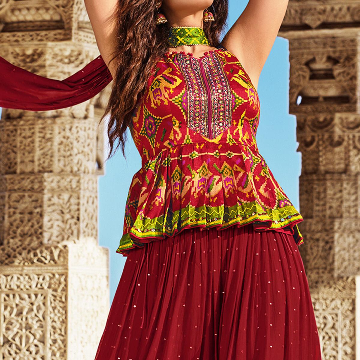 Red Partywear Patola Printed Silk Sharara Suit - Peachmode