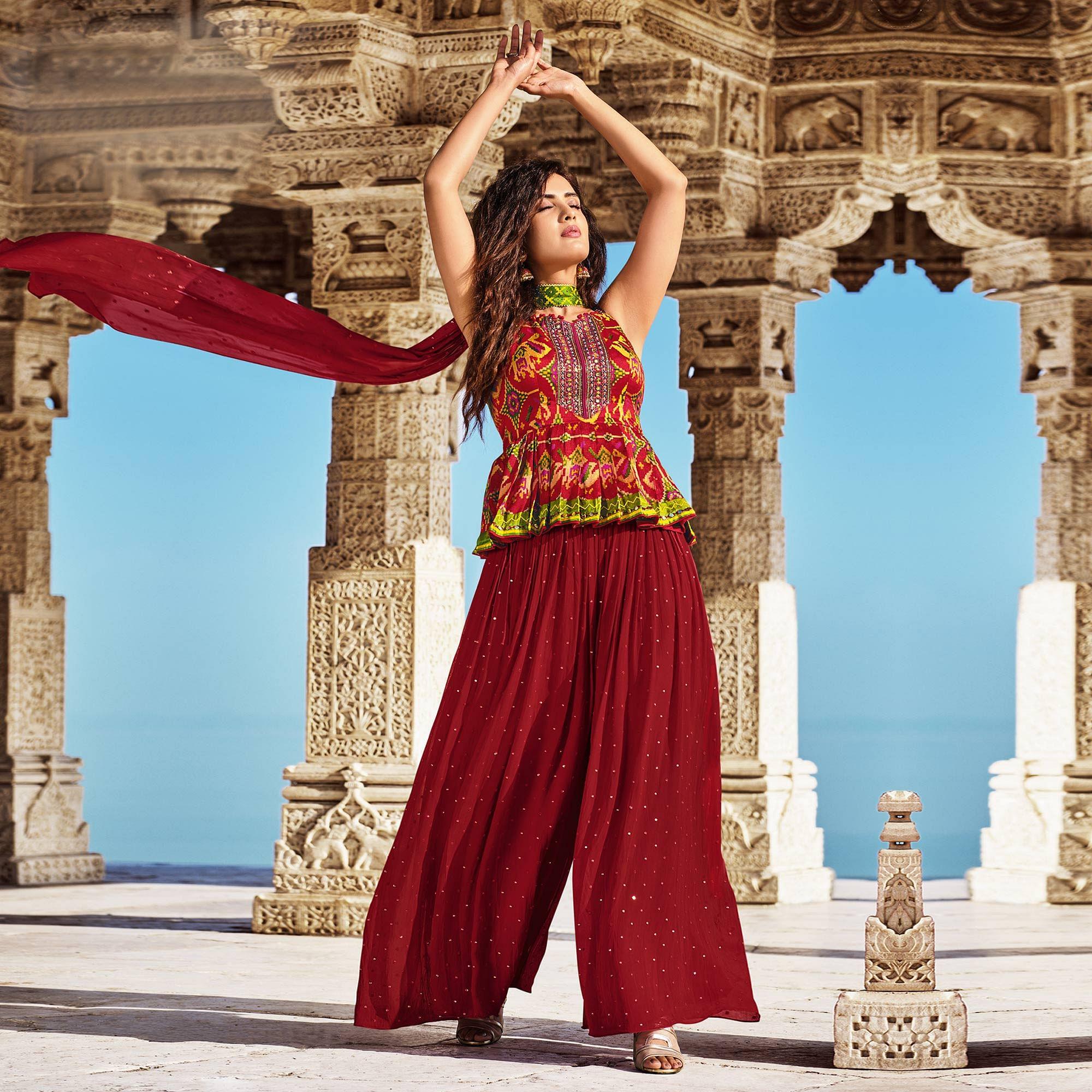 Red Partywear Patola Printed Silk Sharara Suit - Peachmode