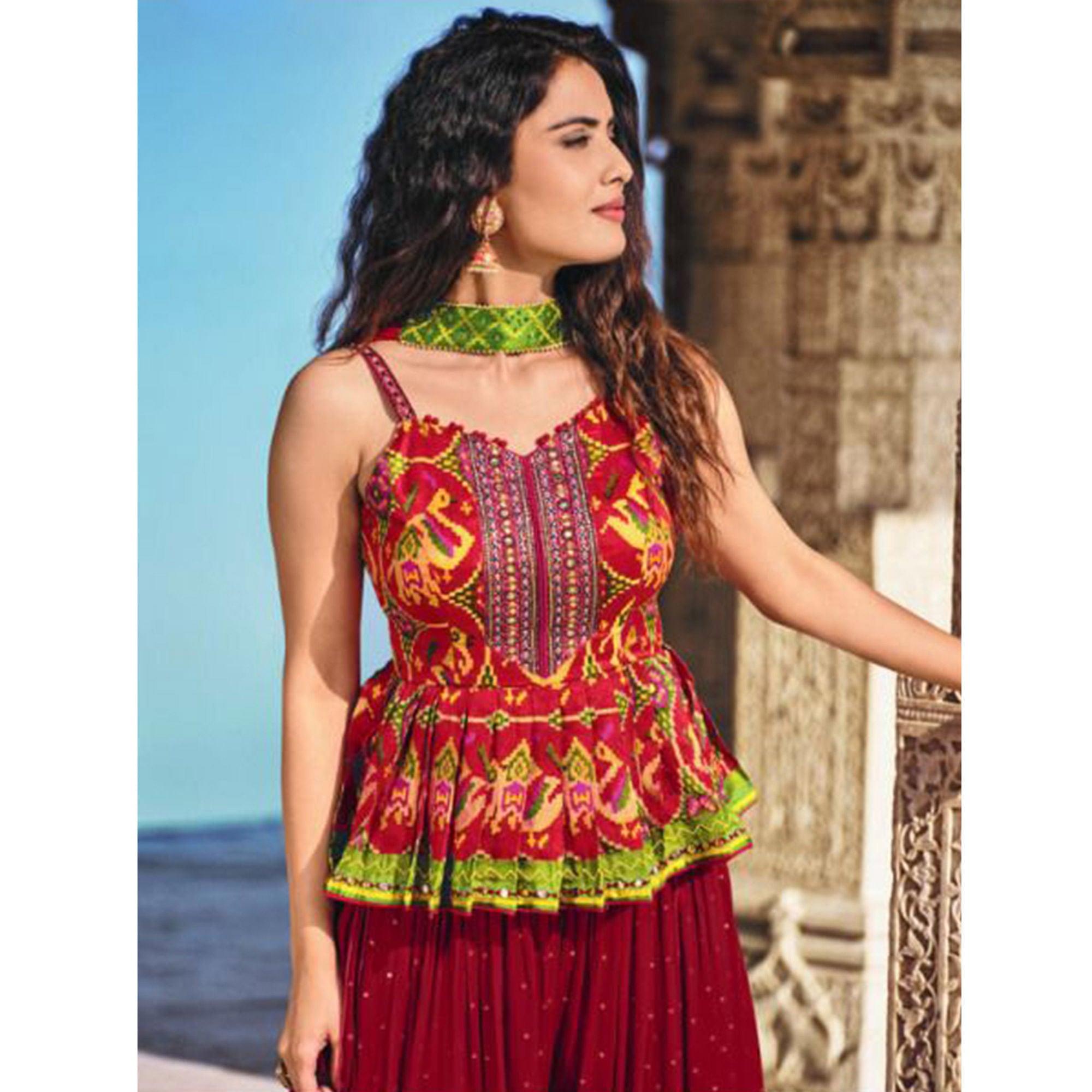 Red Partywear Patola Printed Silk Sharara Suit - Peachmode