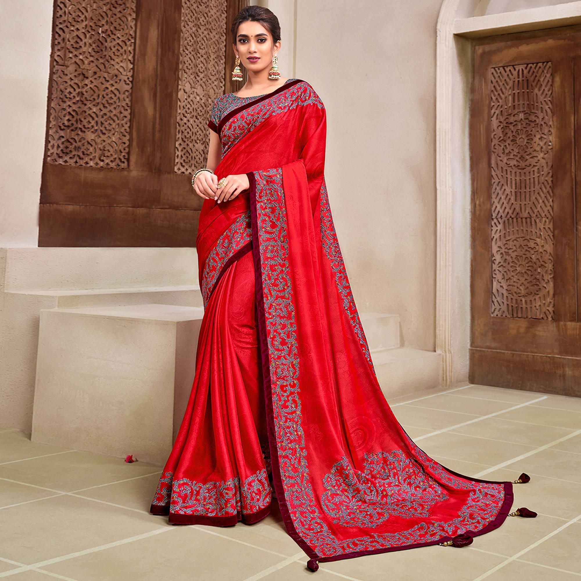 Red Partywear Printed Georgette Saree - Peachmode